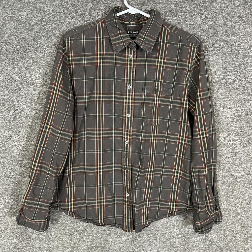 Filson Shirt Women's Large Brown Plaid Organic Cotton‎ Long Sleeve Button Up
